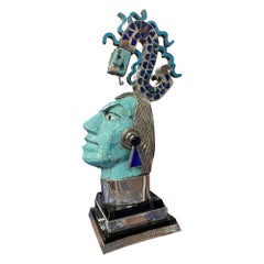 Miguel Pineda "Dios Pacal" Sculpture en argent avec incrustation de turquoise et de lapis