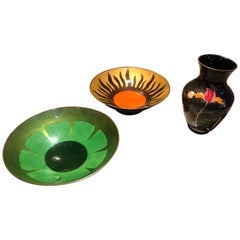 Miguel Pineda Enamel on Copper Modernist Vase and Two Dishes