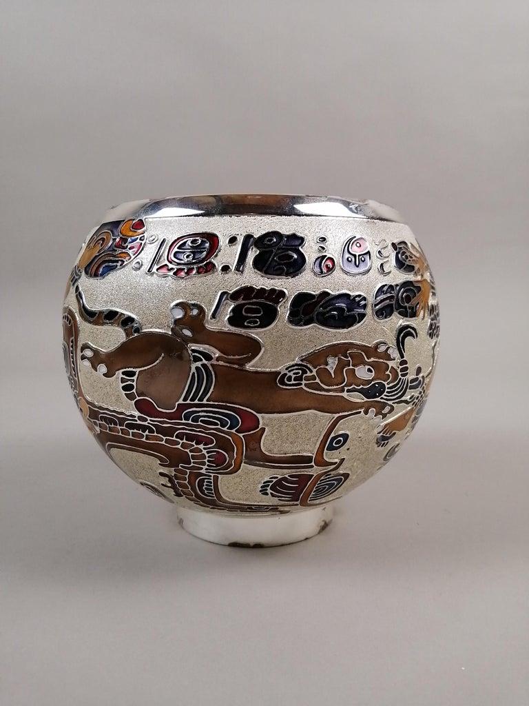Mid-Century moderno Miguel Pineda Mexican MCM Enameled Silverplate Vase with Prehispanic Scene in vendita