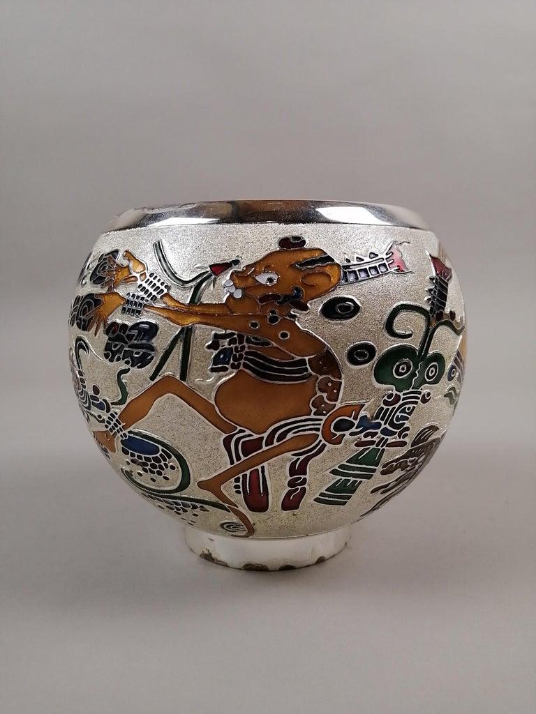 Messicano Miguel Pineda Mexican MCM Enameled Silverplate Vase with Prehispanic Scene in vendita