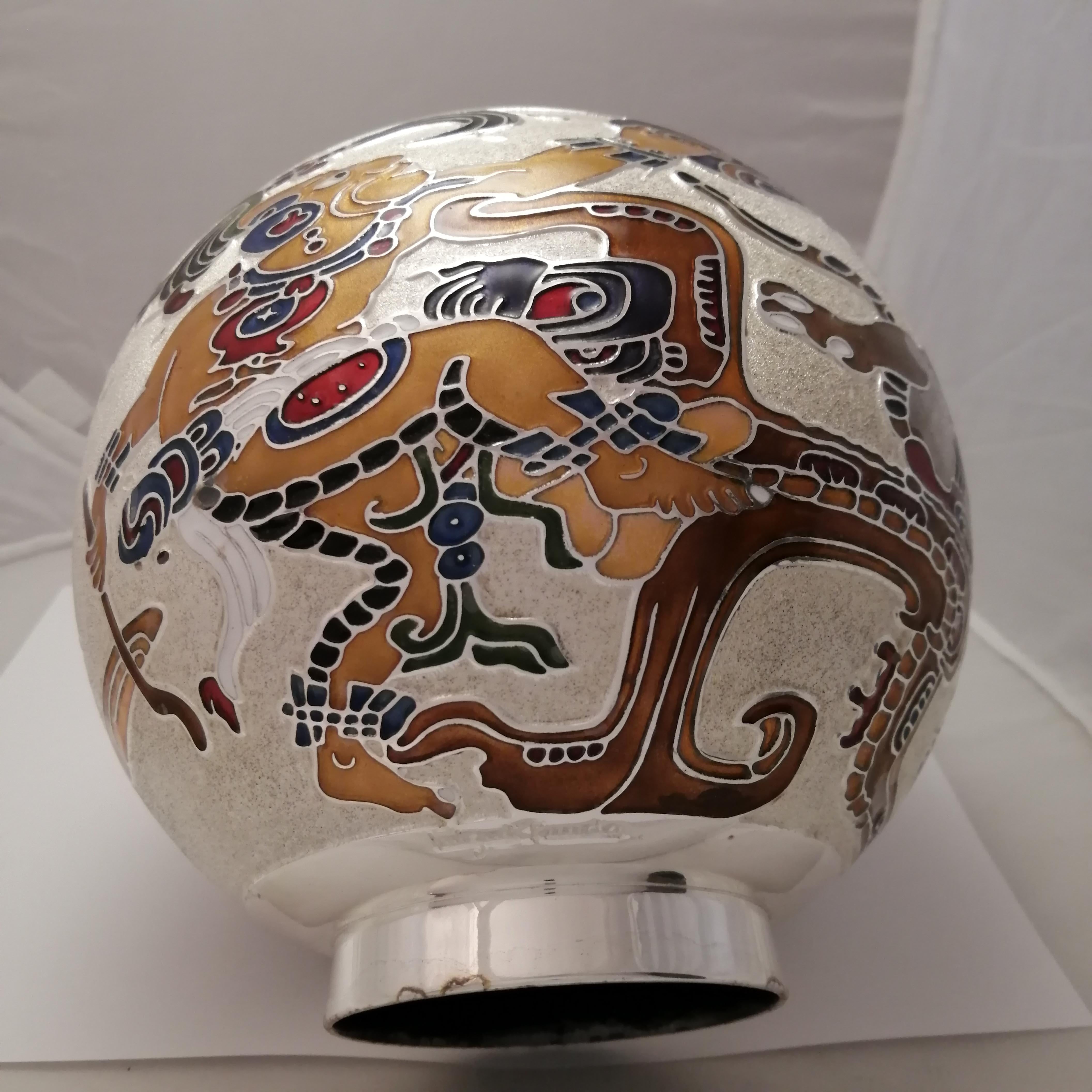 Mid-Century Modern Miguel Pineda Mexican MCM Enameled Silverplate Vase with Prehispanic Scene