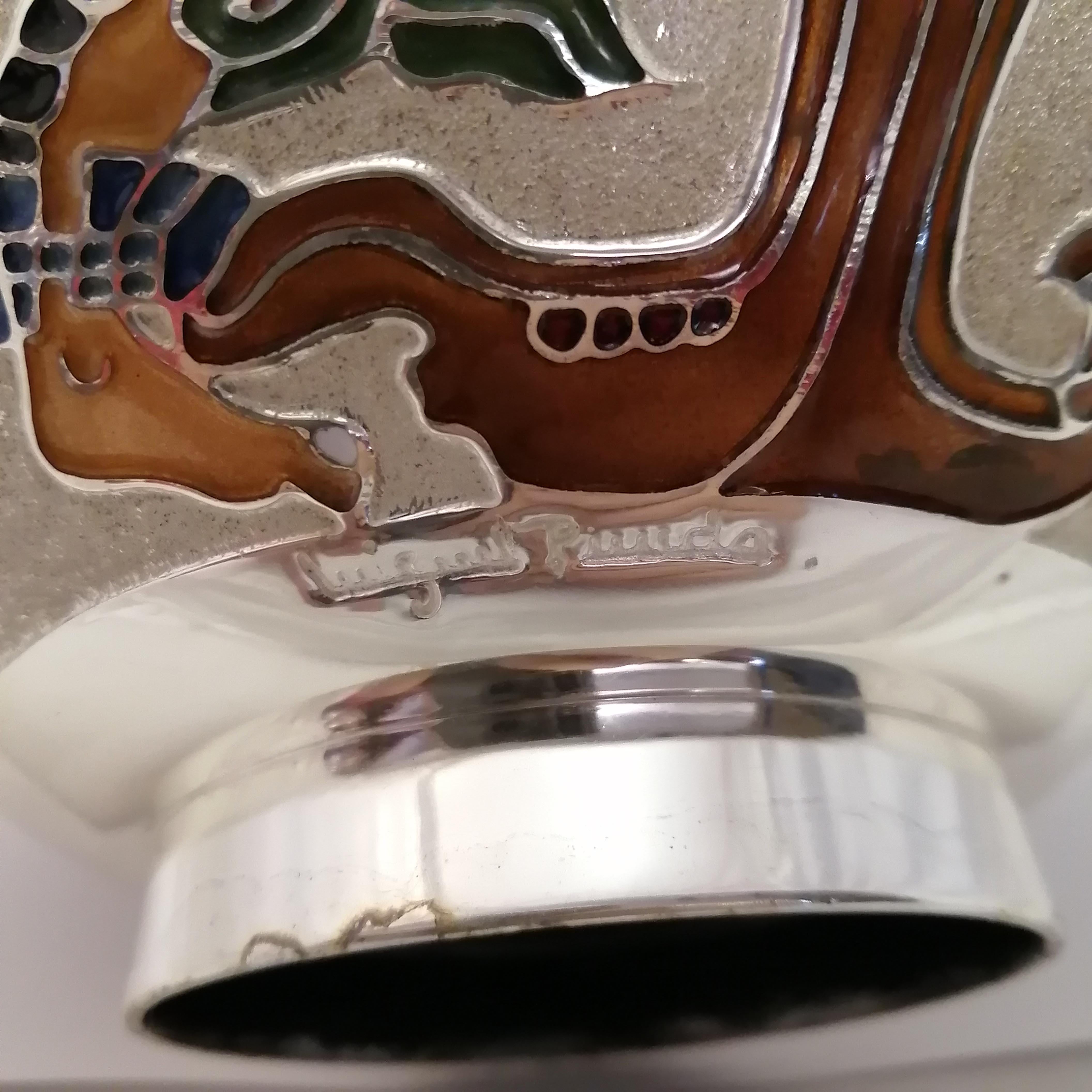 Placcato argento Miguel Pineda Mexican MCM Enameled Silverplate Vase with Prehispanic Scene in vendita