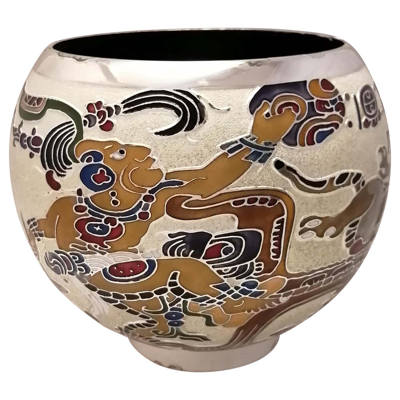 Miguel Pineda Mexican MCM Enameled Silverplate Vase With Prehispanic miguel-pineda-mexican-mcm-enameled-silverplate-vase-with-prehispanic