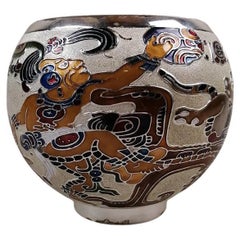 Miguel Pineda Mexican MCM Enameled Silverplate Vase with Prehispanic Scene