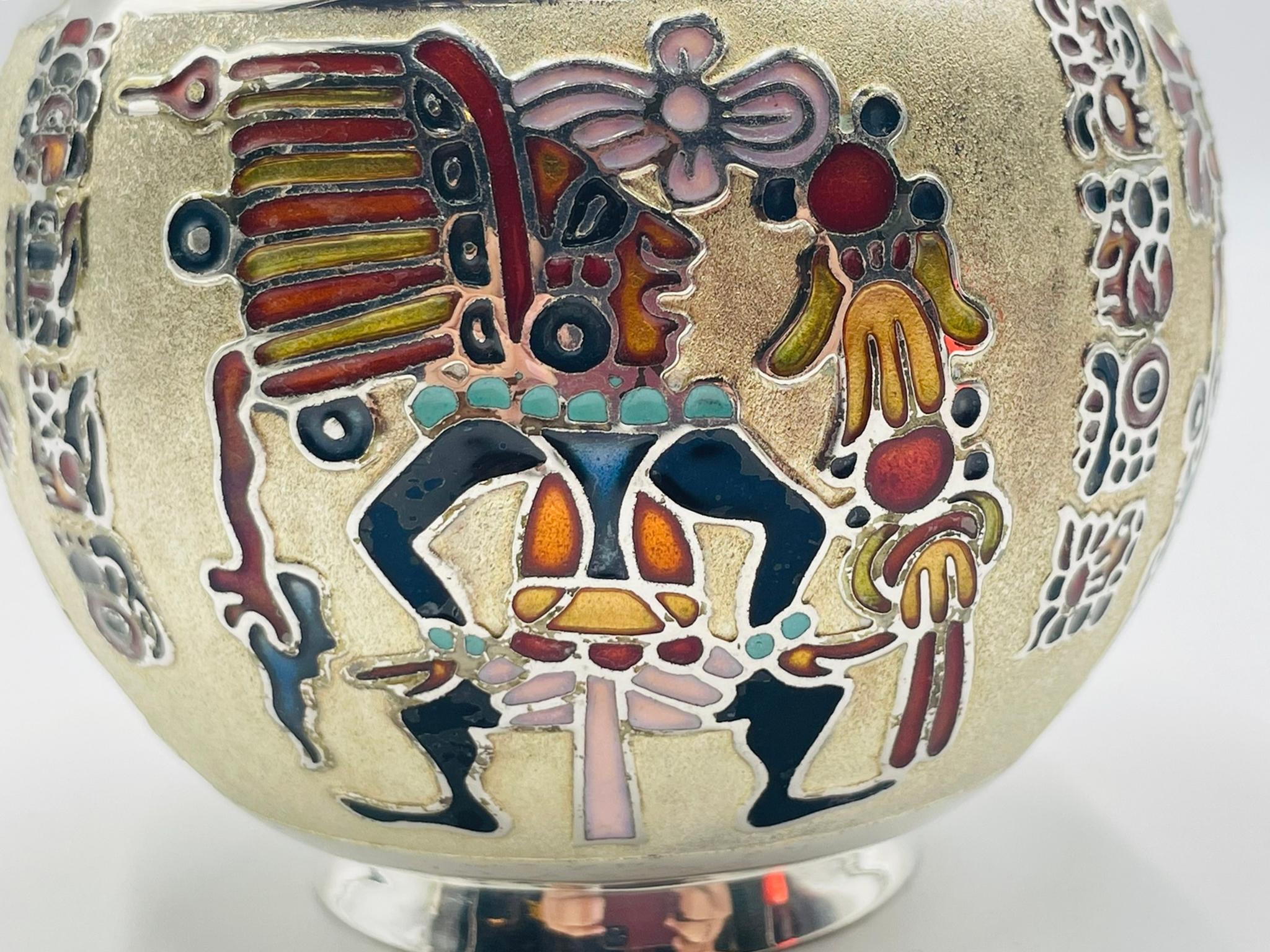 Miguel Pineda Silver-Plated Enamel Bowl with Mayan Motifs, Taxco Mexico in vendita 2