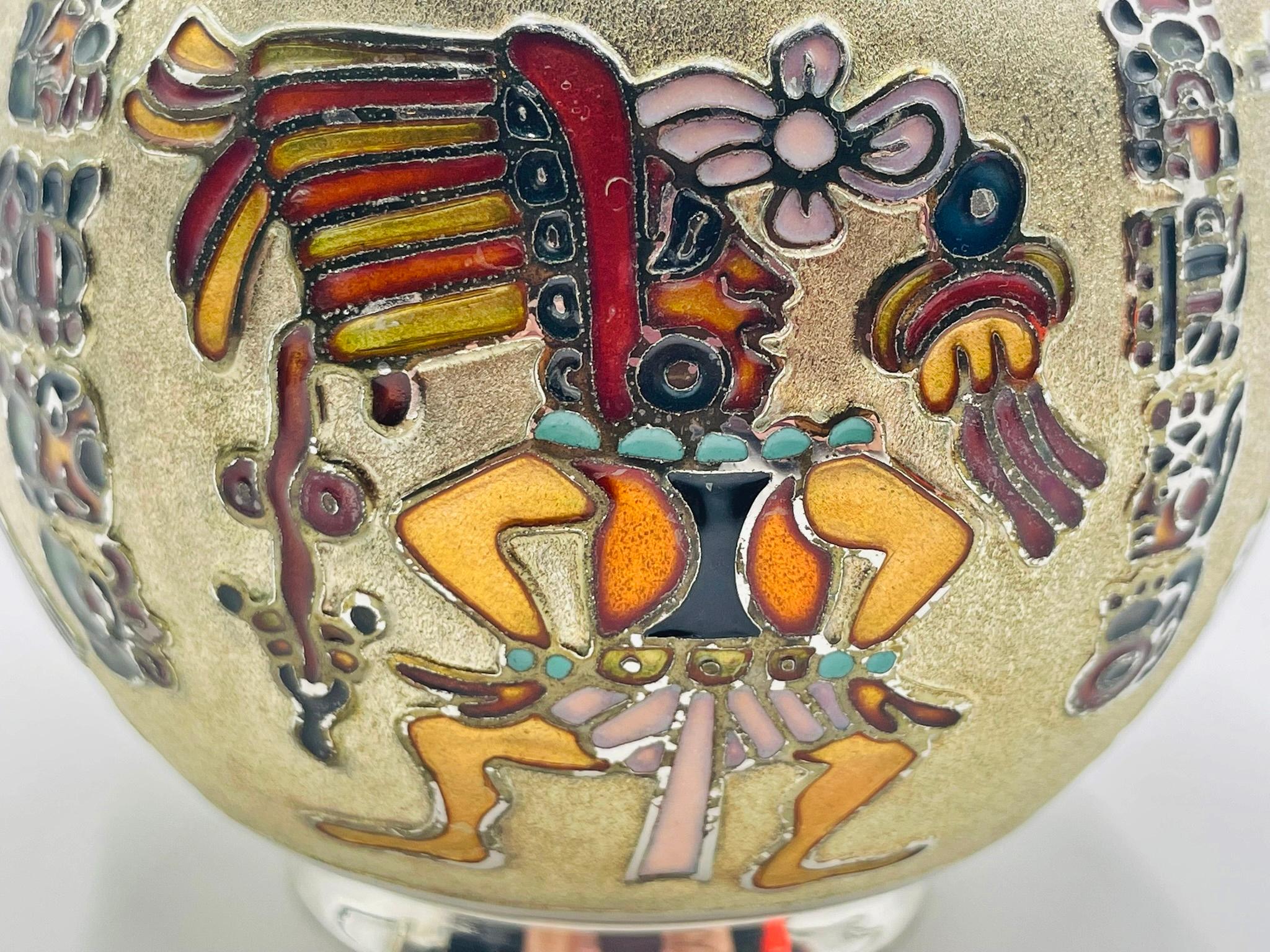 Miguel Pineda Silver-Plated Enamel Bowl with Mayan Motifs, Taxco Mexico in vendita 3