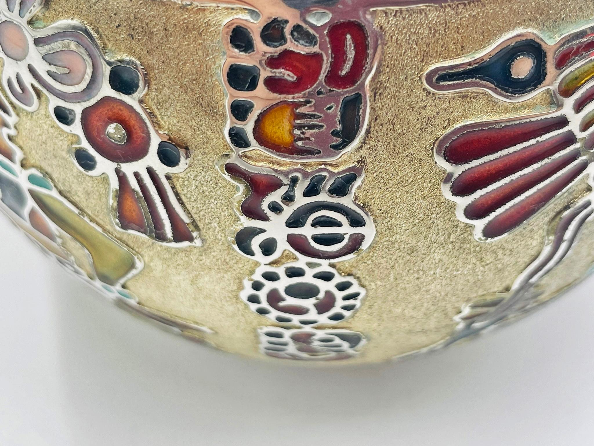 Miguel Pineda Silver-Plated Enamel Bowl with Mayan Motifs, Taxco Mexico in vendita 5