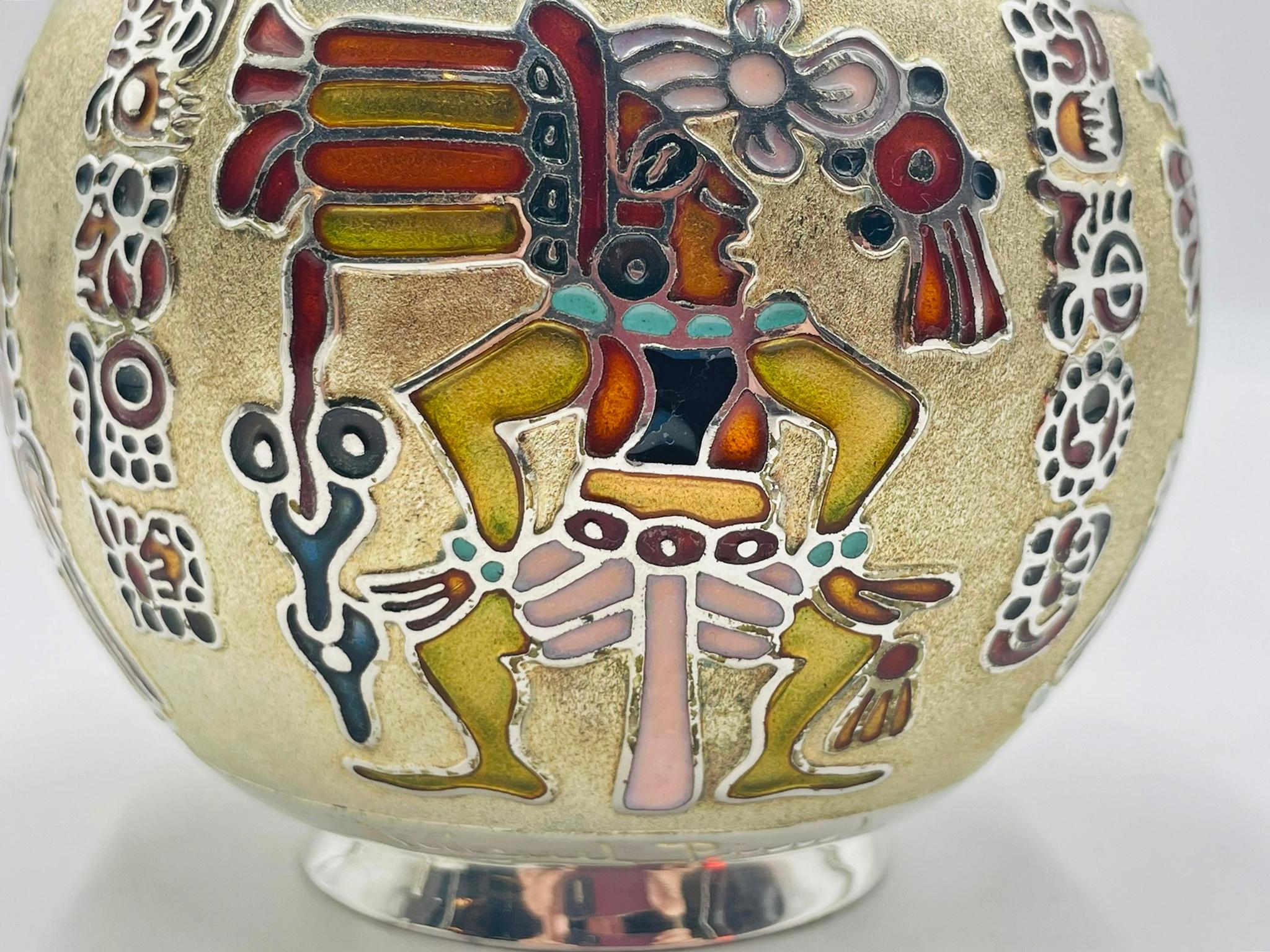 Miguel Pineda Silver-Plated Enamel Bowl with Mayan Motifs, Taxco Mexico in vendita 6
