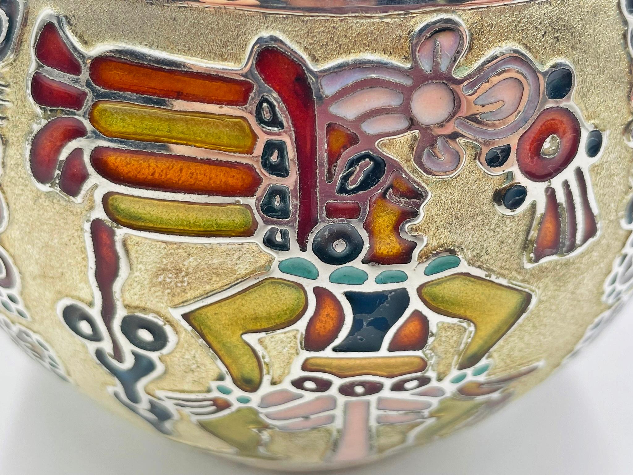 Miguel Pineda Silver-Plated Enamel Bowl with Mayan Motifs, Taxco Mexico in vendita 7