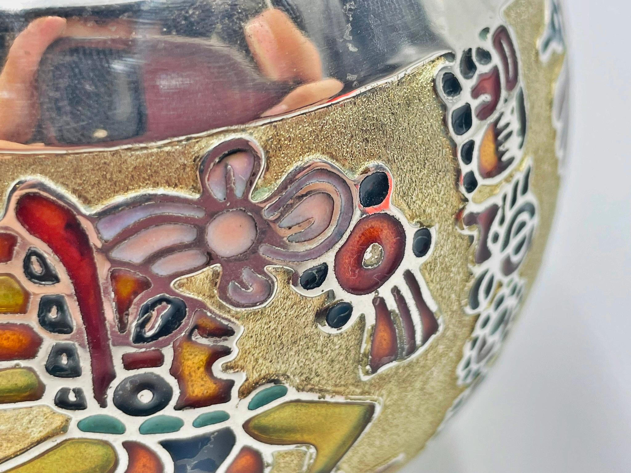 Miguel Pineda Silver-Plated Enamel Bowl with Mayan Motifs, Taxco Mexico in vendita 8