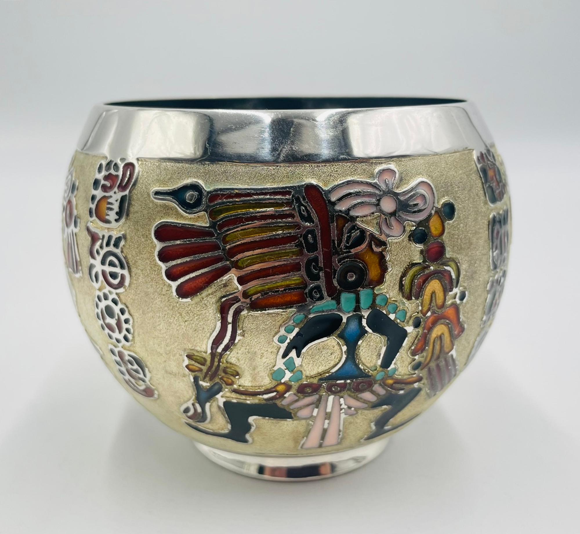 Moderno Miguel Pineda Silver-Plated Enamel Bowl with Mayan Motifs, Taxco Mexico in vendita
