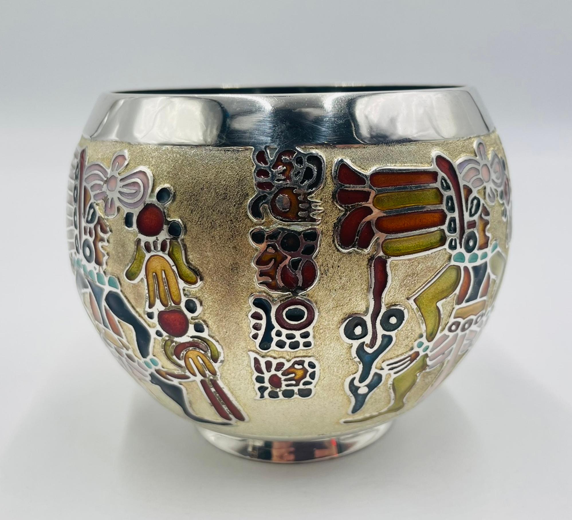 Messicano Miguel Pineda Silver-Plated Enamel Bowl with Mayan Motifs, Taxco Mexico in vendita