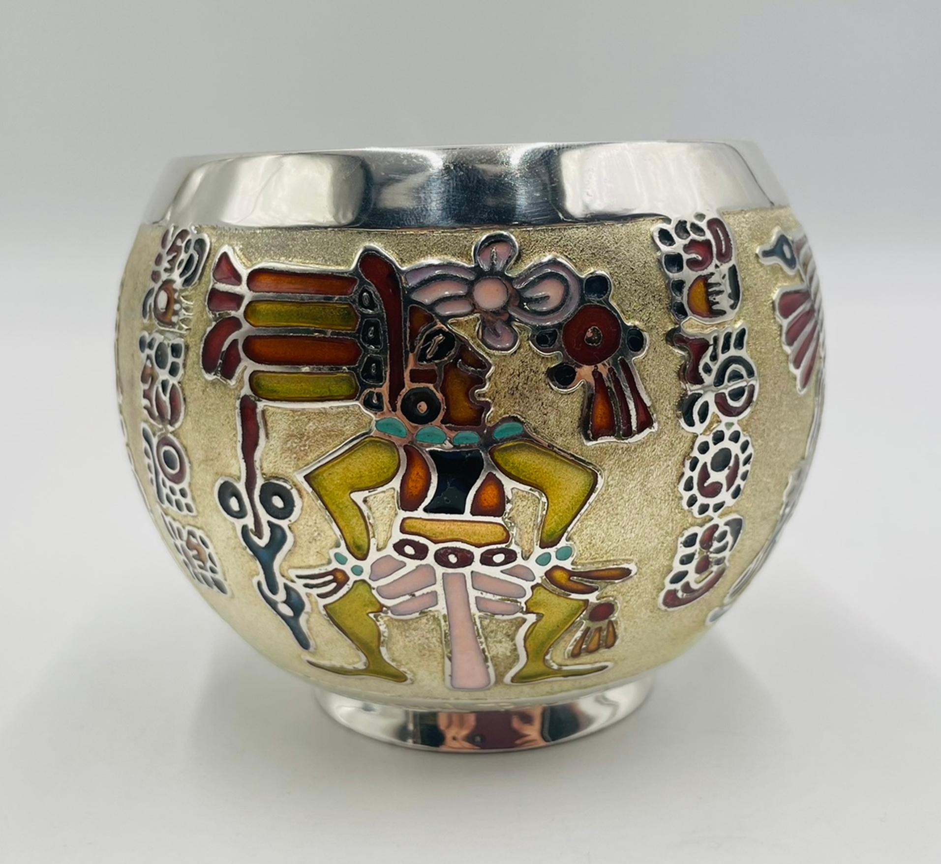 Fatto a mano Miguel Pineda Silver-Plated Enamel Bowl with Mayan Motifs, Taxco Mexico in vendita