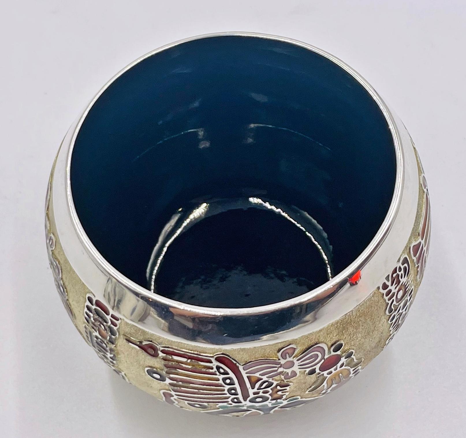Metà XX secolo Miguel Pineda Silver-Plated Enamel Bowl with Mayan Motifs, Taxco Mexico in vendita