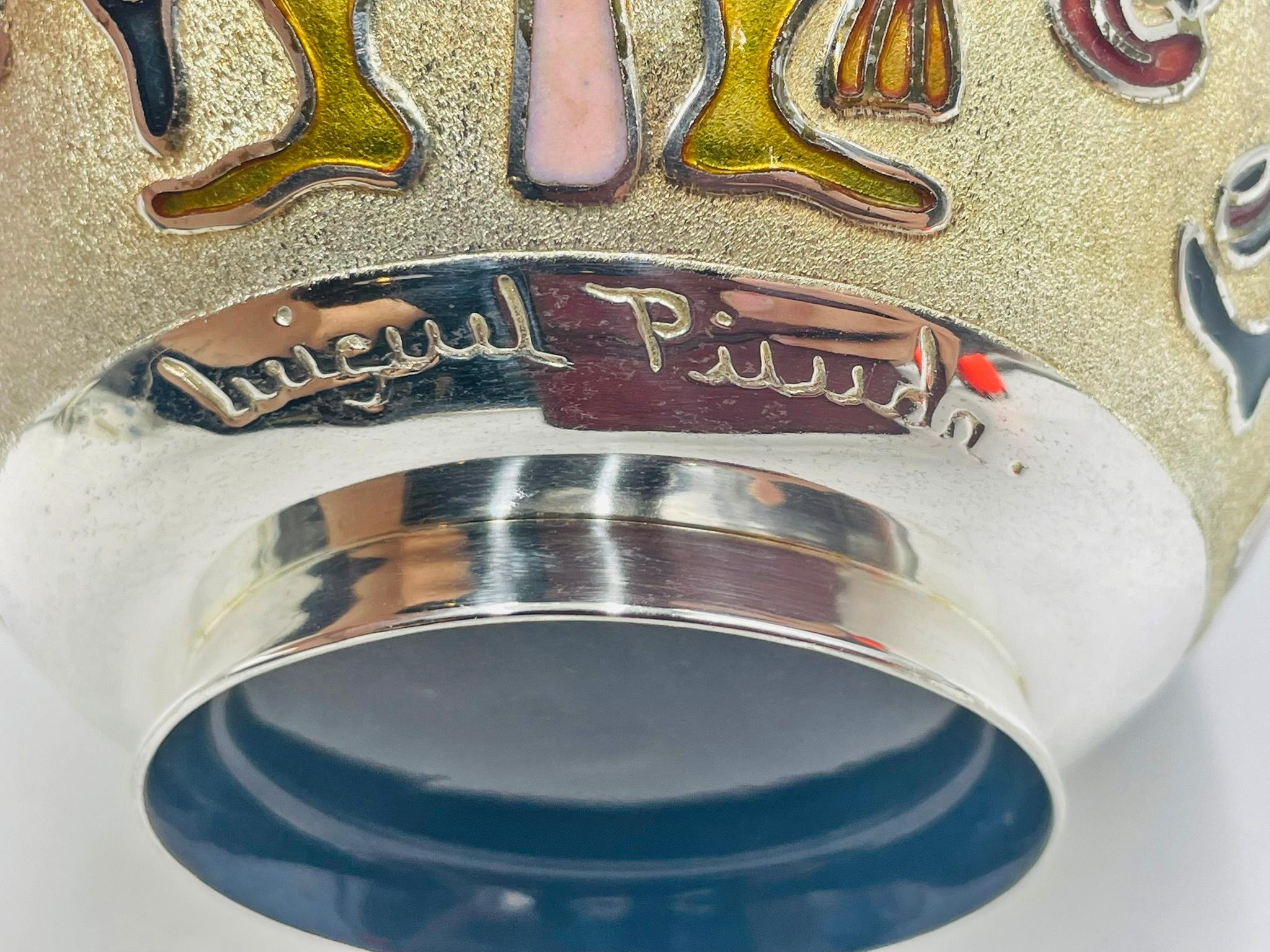 Miguel Pineda Silver-Plated Enamel Bowl with Mayan Motifs, Taxco Mexico in vendita 1