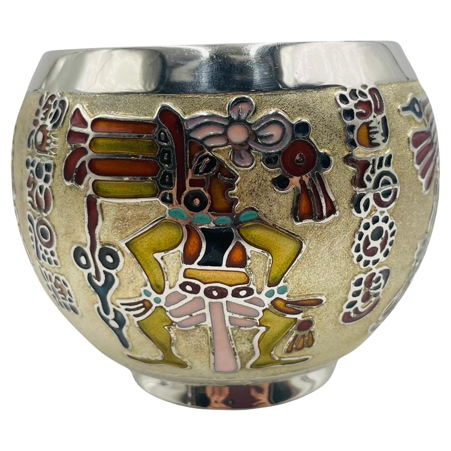 Miguel Pineda Silver-Plated Enamel Bowl with Mayan Motifs, Taxco Mexico