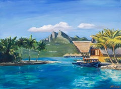 "Polynesia" - Contemporary Polynesia Seascape - Palm Trees, Boats, and Mountains