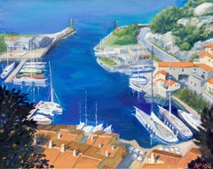 "Portopicolo" - Peinture à l'huile sereine et contemporaine de paysage marin côtier Harbor Townes