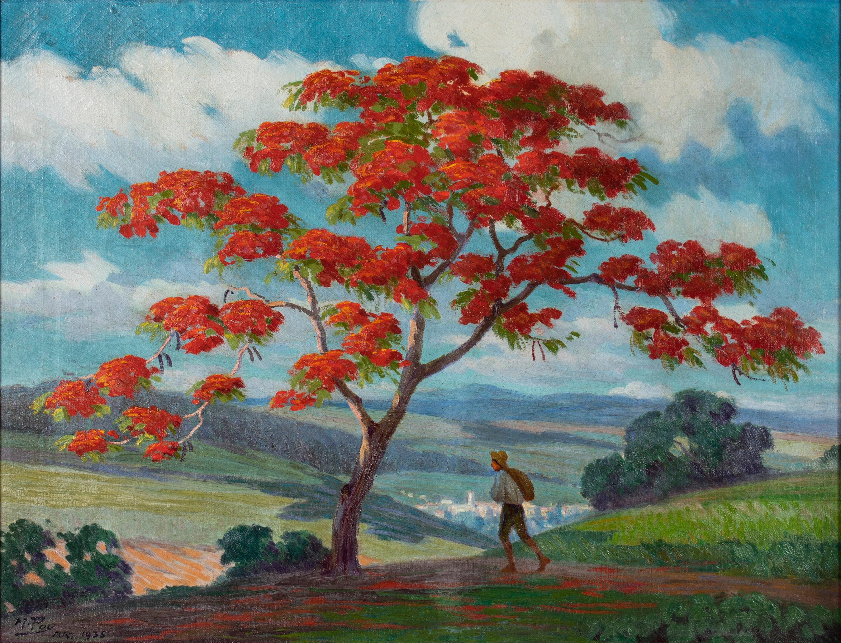 Miguel Pou Becerra Landscape Painting - Paisaje con Flamboyan - Puerto Rican Art