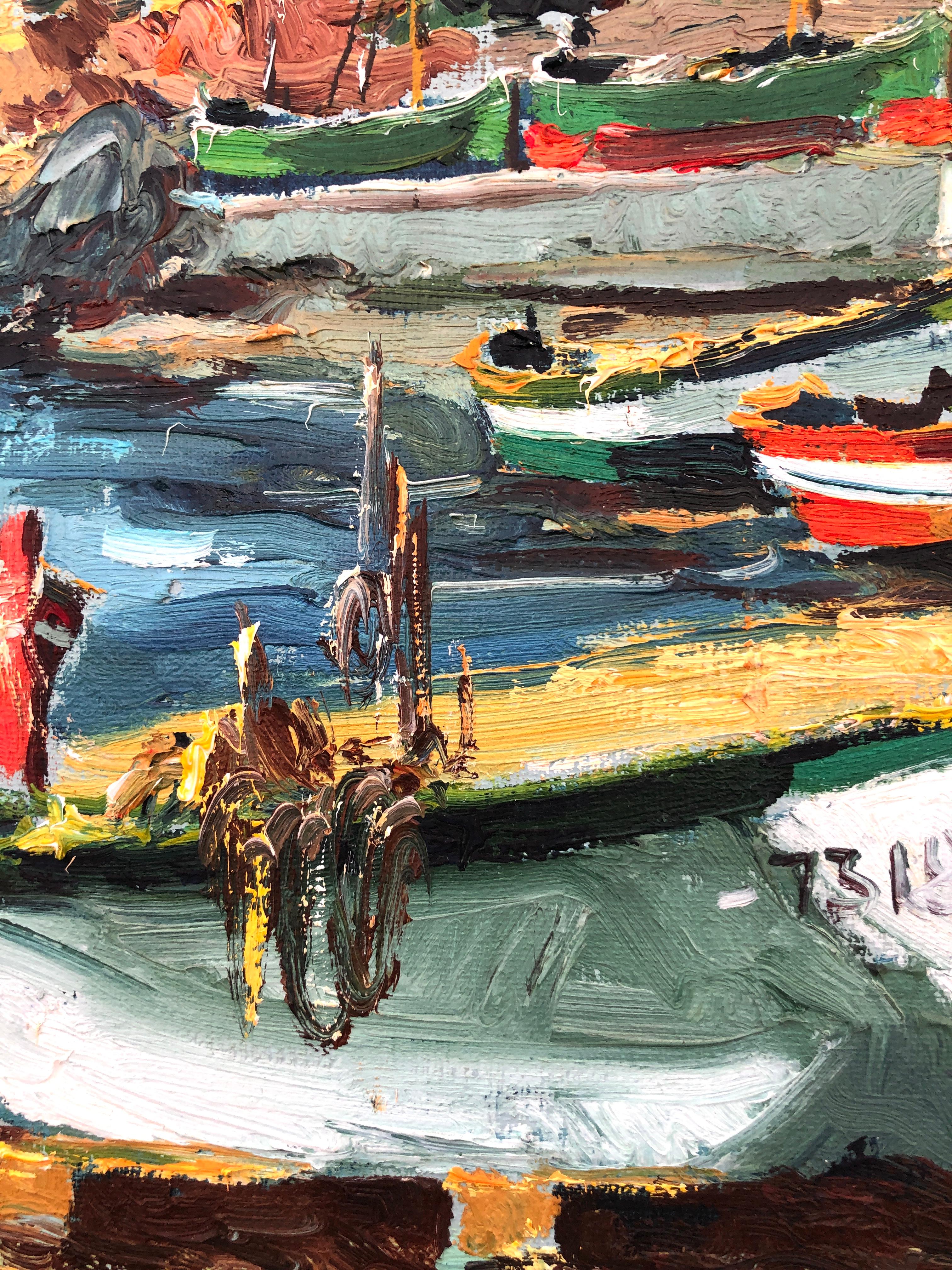 Artist: Miguel Ribera Roca (1924-?)
Title: Cala S'Alguer, Palamós
Technique: Oil on canvas
Dimensions without frame: 18.1 x 15 inches
Dimensions with frame: 23.2 x 20.1 inches
Period: 1980s
Style: Mediterranean Post-Impressionism

Description of the