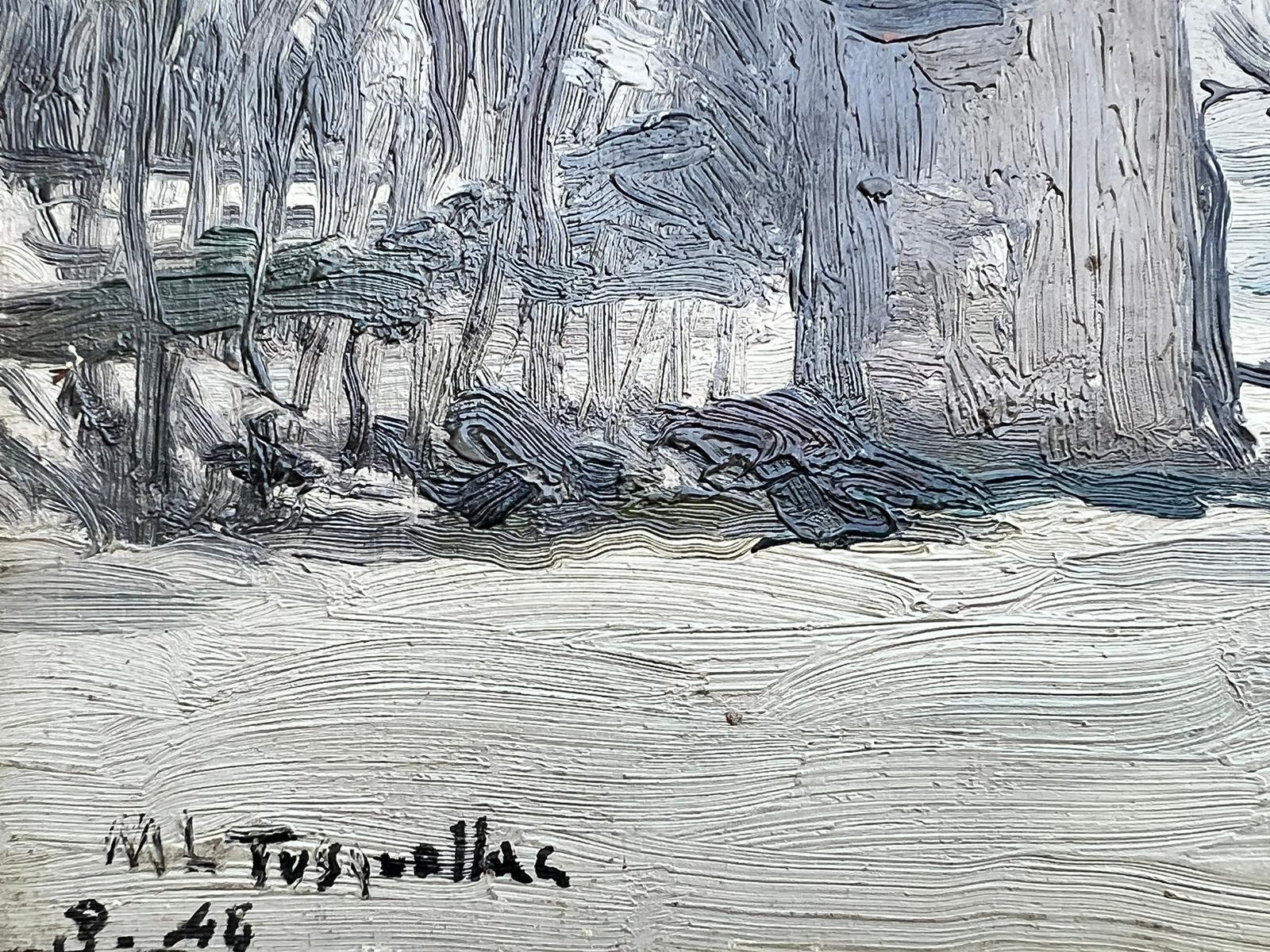 Ölgemälde „Winter Schneelandschaft“, gelisteter spanischer Künstler, signiert, 1940er Jahre (Impressionismus), Painting, von MIGUEL TUSQUELLAS CORBELLA 