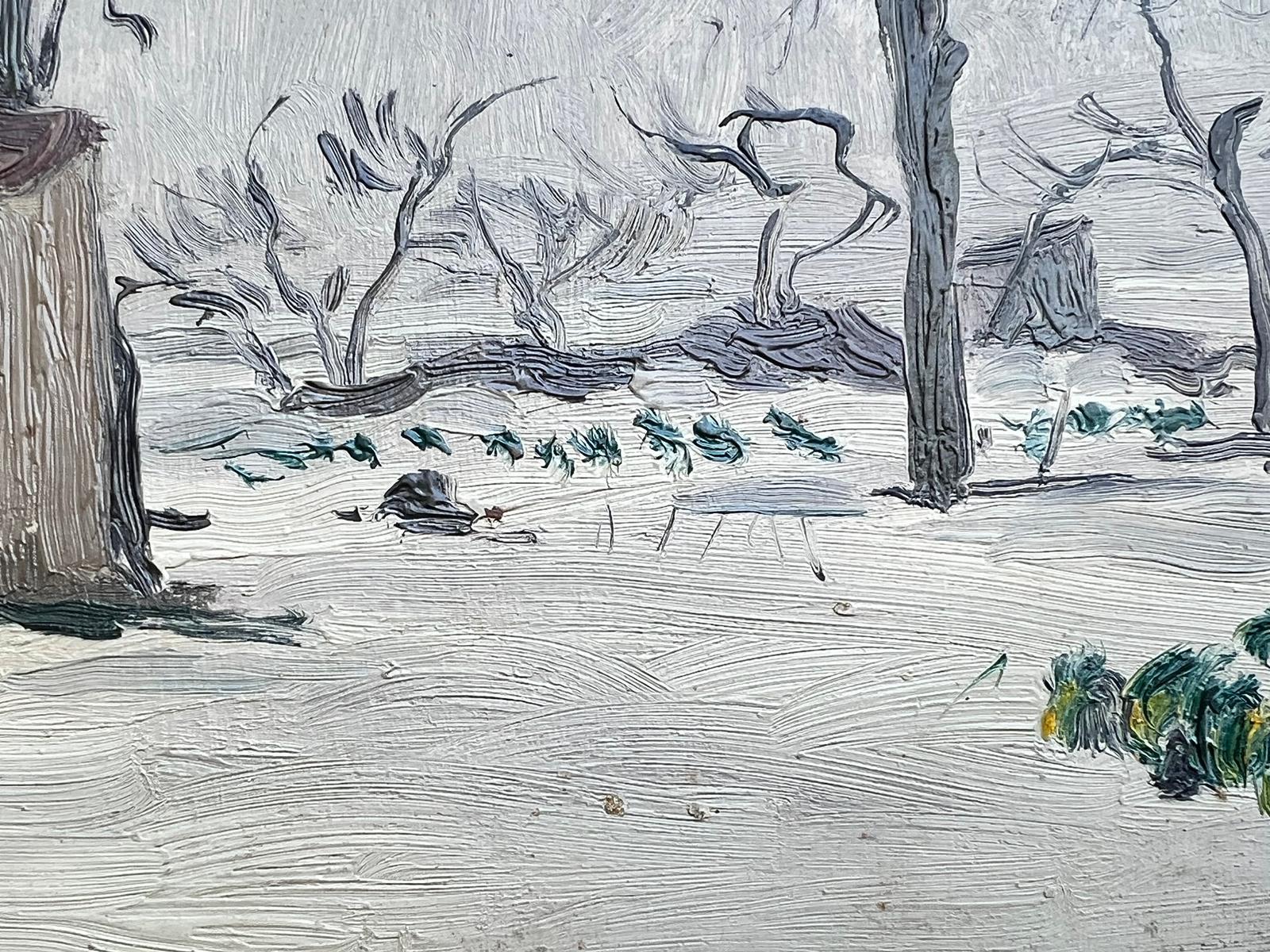 Winter
by MIGUEL TUSQUELLAS CORBELLA (Spanish, 1884-1969)
signed - and painted on artists studio stamped board
oil painting on board, unframed
board: 5.5 x 8.5 inches
provenance: private collection, France
condition: good and sound condition 
