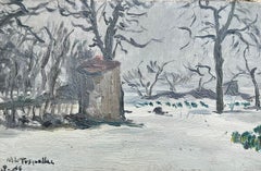 Ölgemälde „Winter Schneelandschaft“, gelisteter spanischer Künstler, signiert, 1940er Jahre