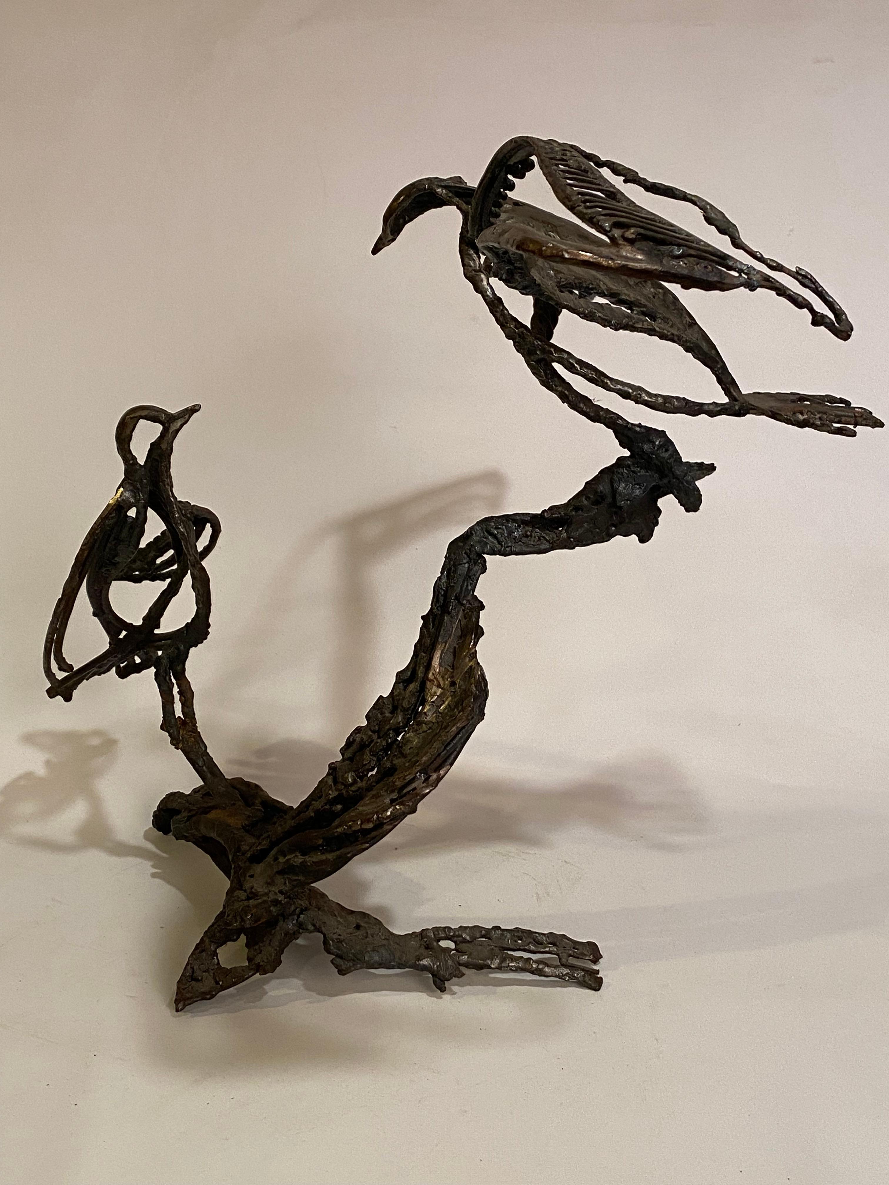 Brutalist iron bird sculpture by Argentine artist, Miguel Van Esso (1955- ). Painstakingly rendered ' skeletal style sculpture of two birds on a perch. Possibly parent teaching baby how to fly or feeding time. Signed Van Esso with indecipherable