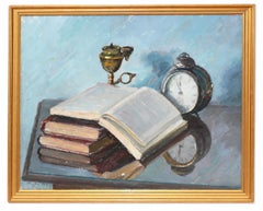 Bodegón titulado «Libros viejos» - Óleo sobre lienzo - Firmado y enmarcado