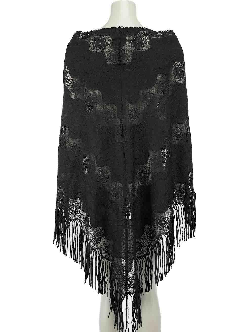 Miguelina Black Floral Lace Tassel Shawl In New Condition For Sale In London, GB