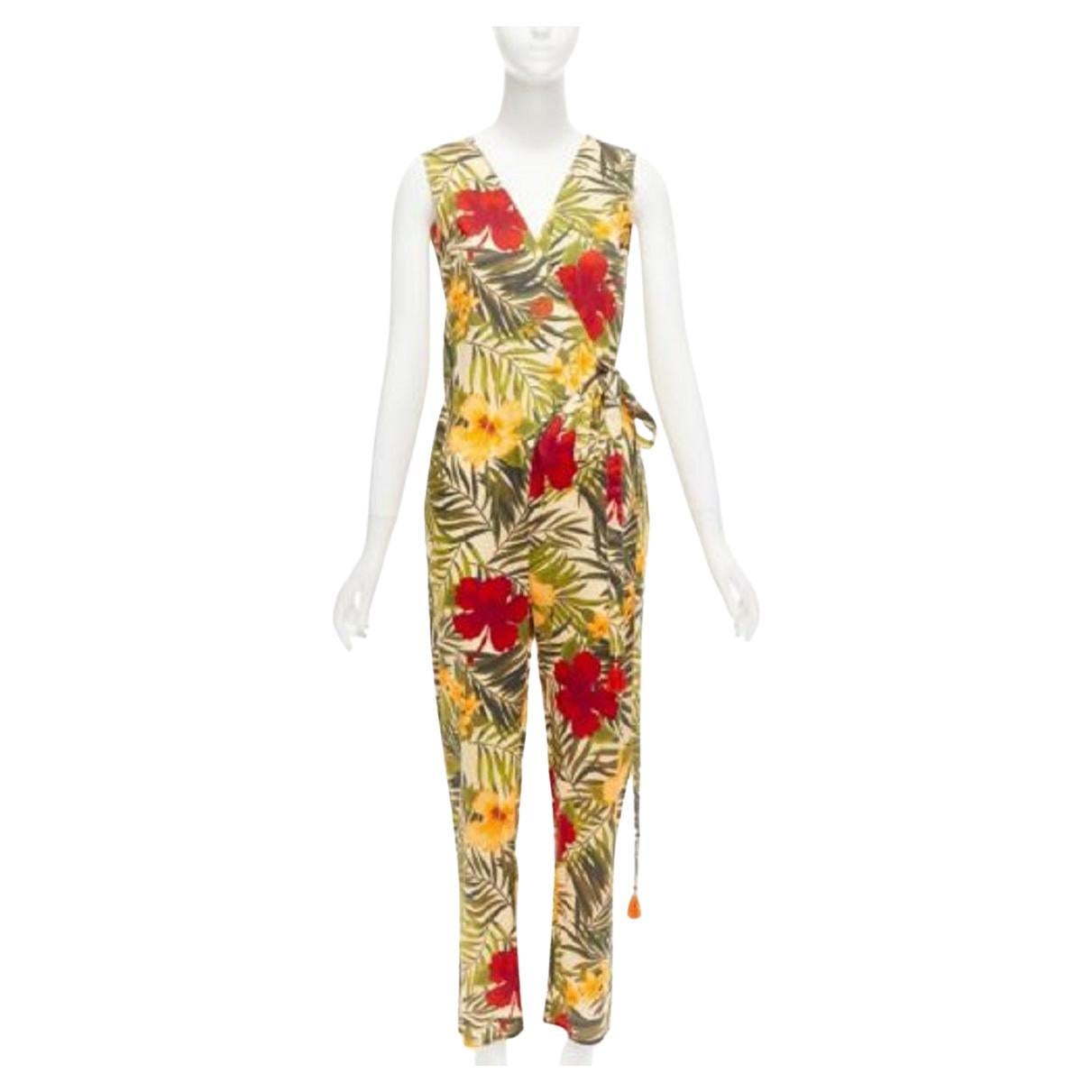 MIGUELINA red yellow green tropical floral print wrap jumpsuit XS For Sale