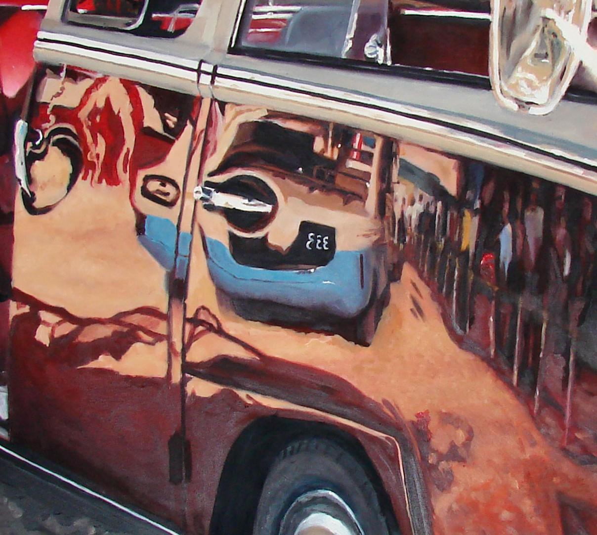 Bloody. Delhi. 1992 - 21st Century, Classic Car, Photorealist Painting, Red - Black Figurative Painting by Mihai Florea