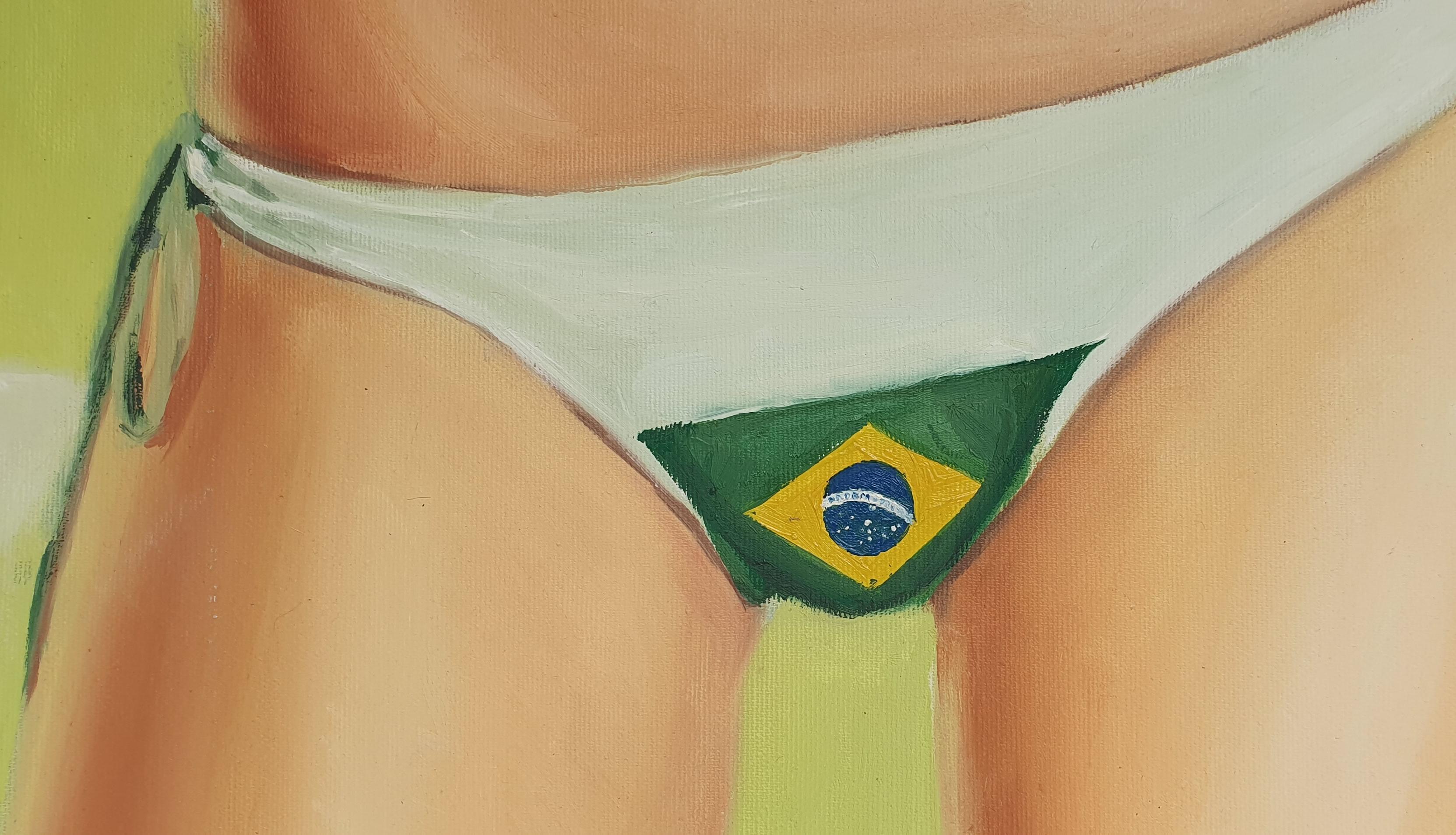 Brasilianisch - 21. Jahrhundert, Figuratives Gemälde, Grün, Flagge, Bikini-Oberteil – Painting von Mihai Florea