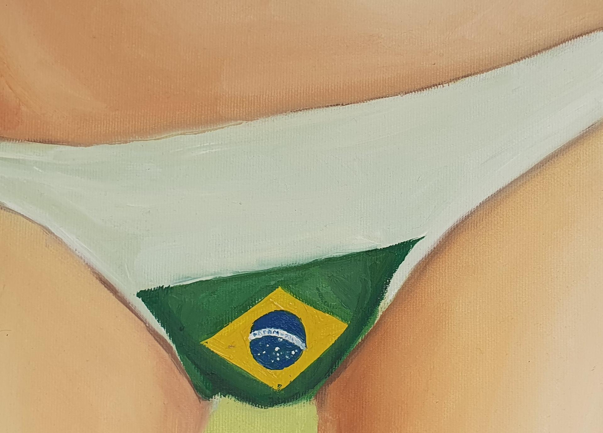 Brasilianisch - 21. Jahrhundert, Figuratives Gemälde, Grün, Flagge, Bikini-Oberteil (Beige), Figurative Painting, von Mihai Florea
