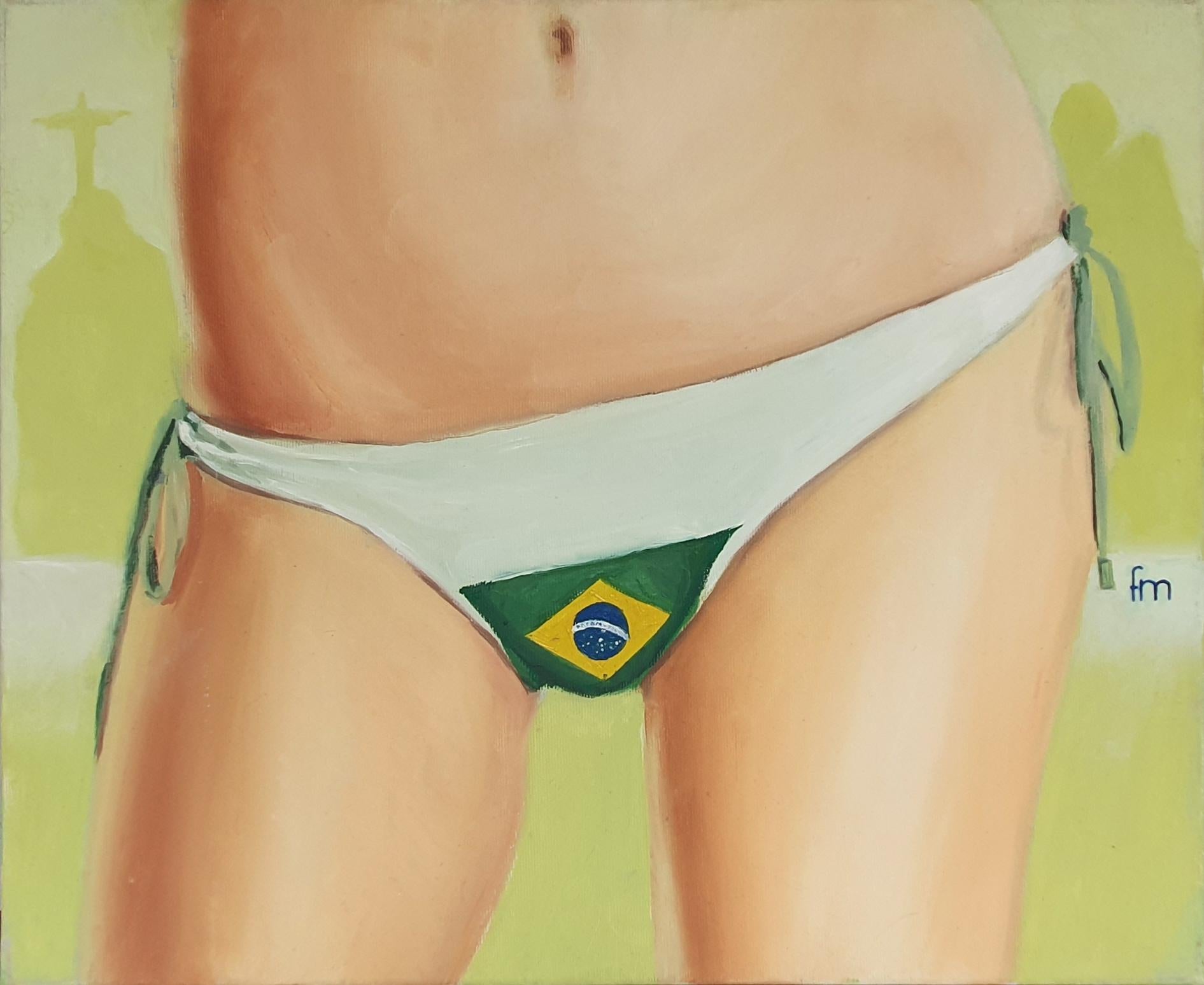 Mihai Florea Figurative Painting – Brasilianisch - 21. Jahrhundert, Figuratives Gemälde, Grün, Flagge, Bikini-Oberteil
