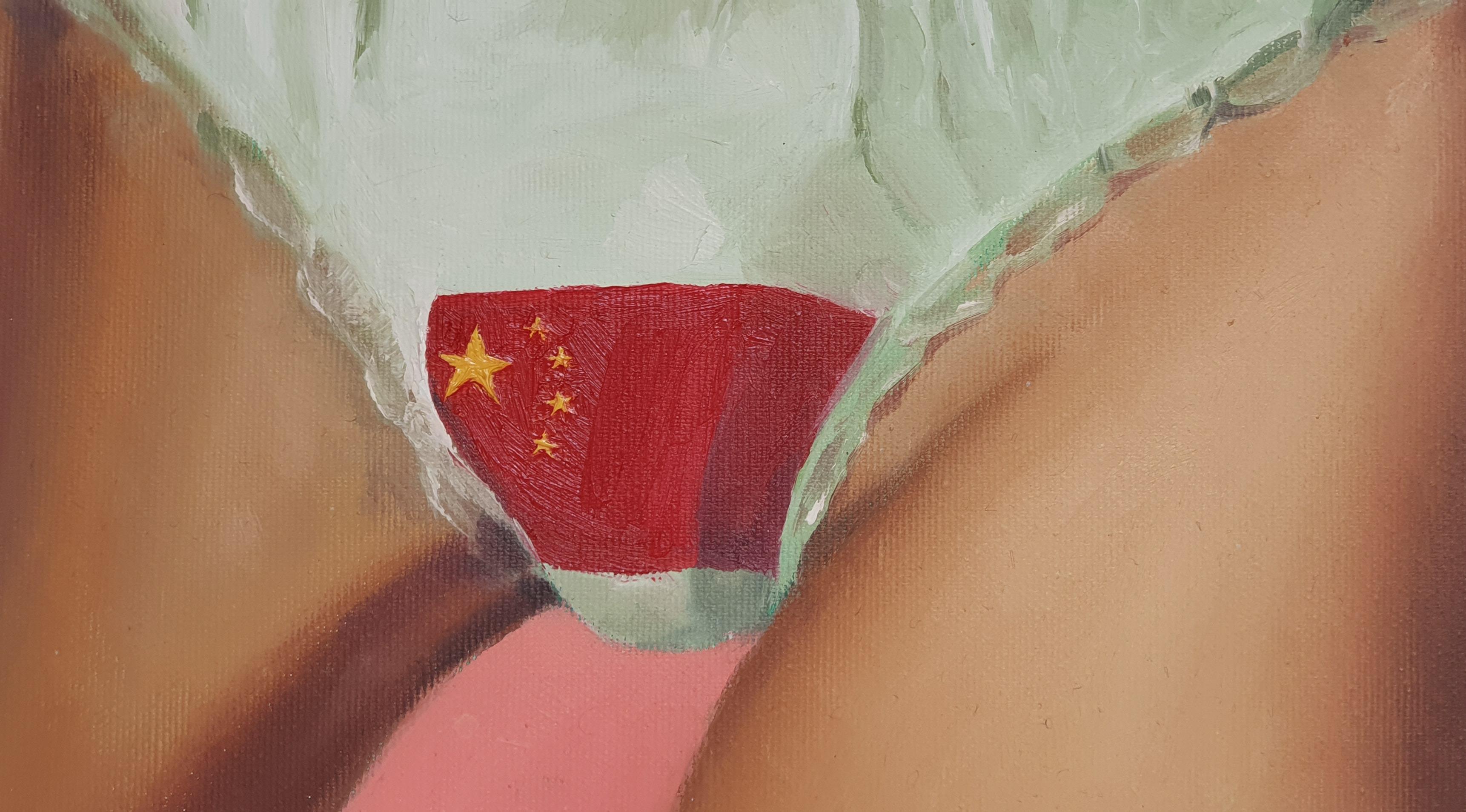 Chinesisches China – 21. Jahrhundert, Flagge, Rot, Rosa, Weiß, Große Wand Chinas, Pagode (Fotorealismus), Painting, von Mihai Florea