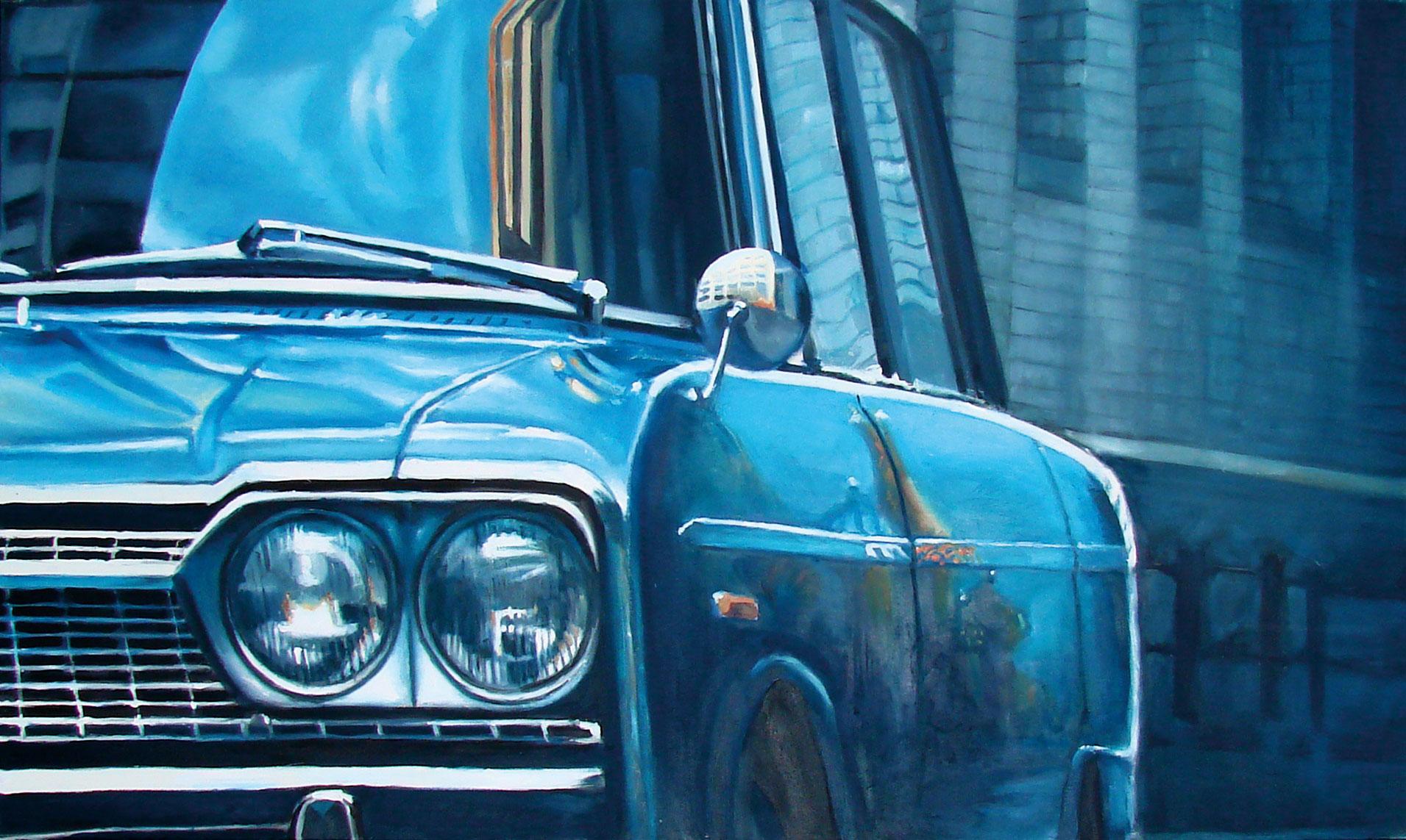 Mihai Florea Figurative Painting - Closed. Moscow. 1981 - 21st Century, Car, Zil, Blue, Oldtimer Car, Photorealist