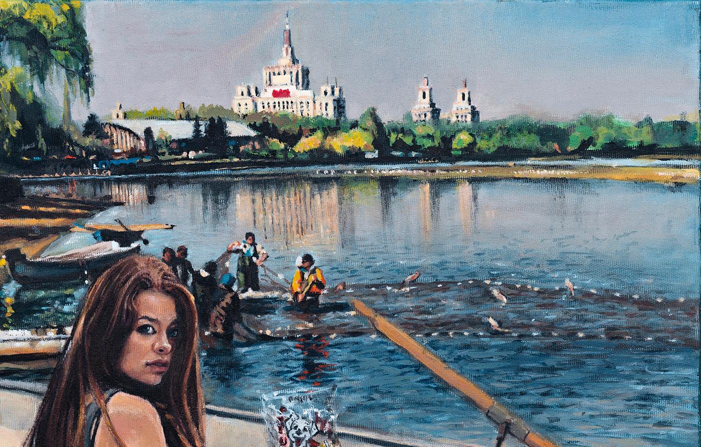 Feeding the Family - 21st Century, Cityscape, Blue, Lake, Boat, Woman, Summer - Painting by Mihai Florea