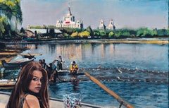 Nutrire la famiglia - 21° secolo, Paesaggio urbano, Blu, Lago, Barca, Donna, Estate