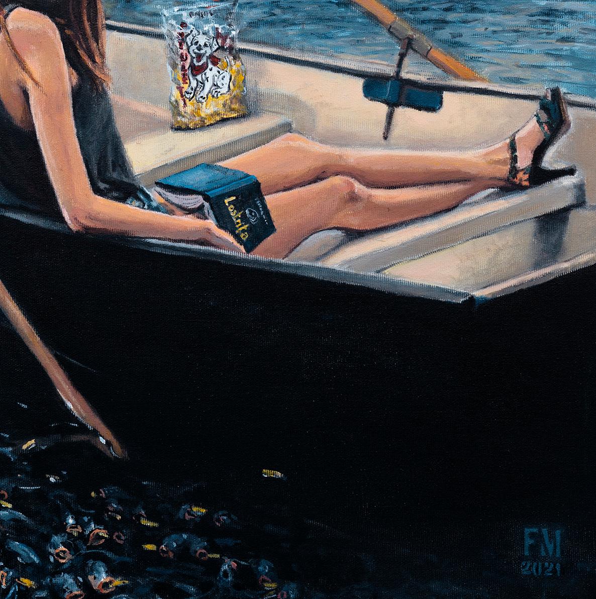 Feeding the Family - 21st Century, Cityscape, Blue, Lake, Boat, Woman, Summer - Contemporary Painting by Mihai Florea