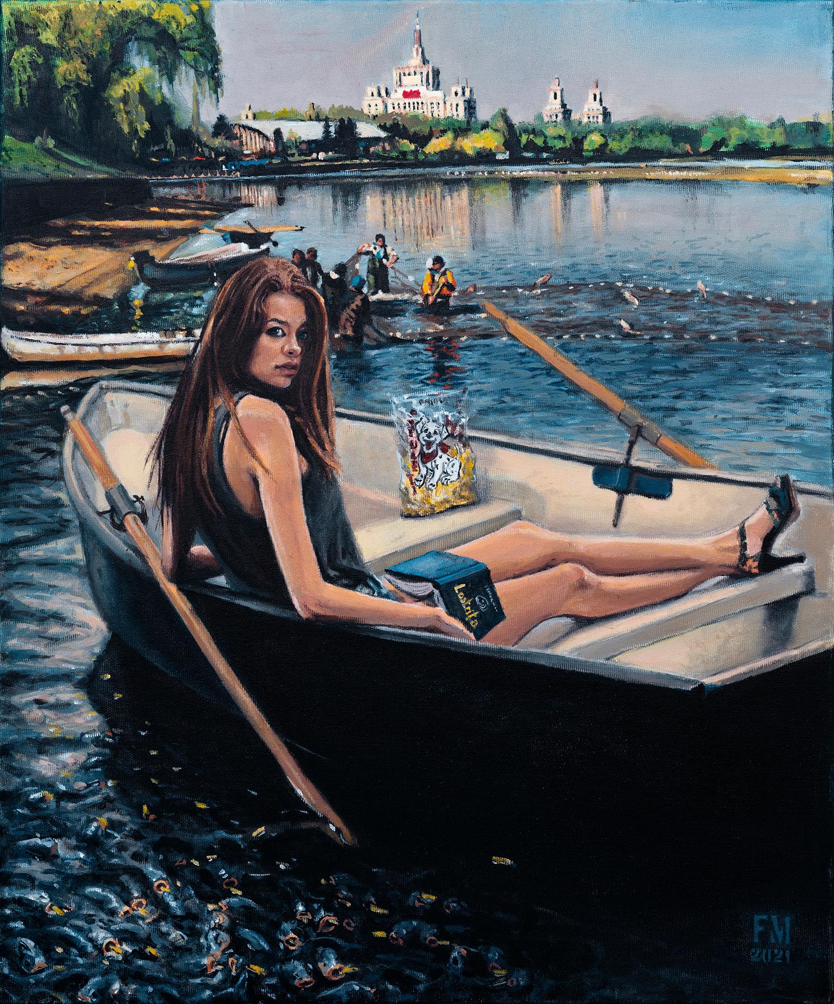Mihai Florea Figurative Painting - Feeding the Family - 21st Century, Cityscape, Blue, Lake, Boat, Woman, Summer