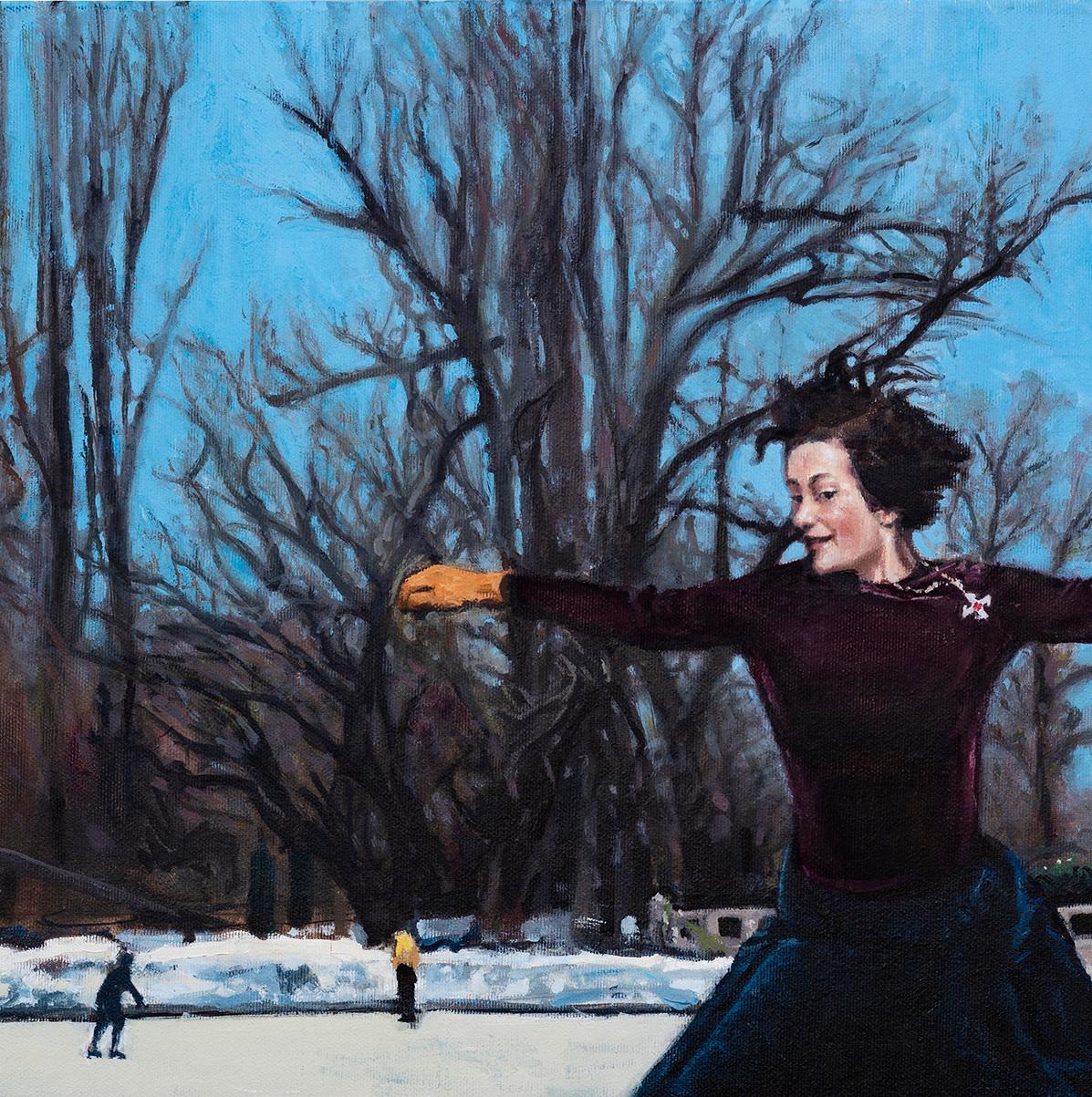 Floating Between Wars - Zeitgenössisch, Stadtlandschaft, Skate, Frau, Winter, Weiß (Blau), Figurative Painting, von Mihai Florea