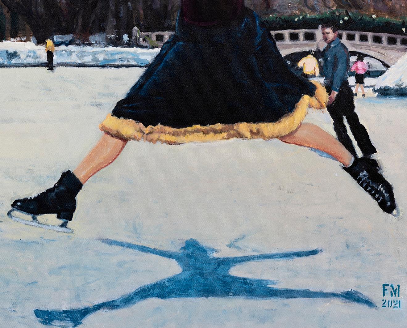 Floating Between Wars - Contemporary, Cityscape, Skate, Woman, Winter, White - Blue Figurative Painting by Mihai Florea