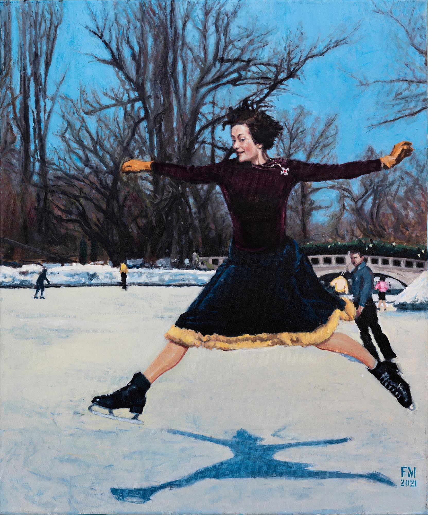 Mihai Florea Figurative Painting - Floating Between Wars - Contemporary, Cityscape, Skate, Woman, Winter, White
