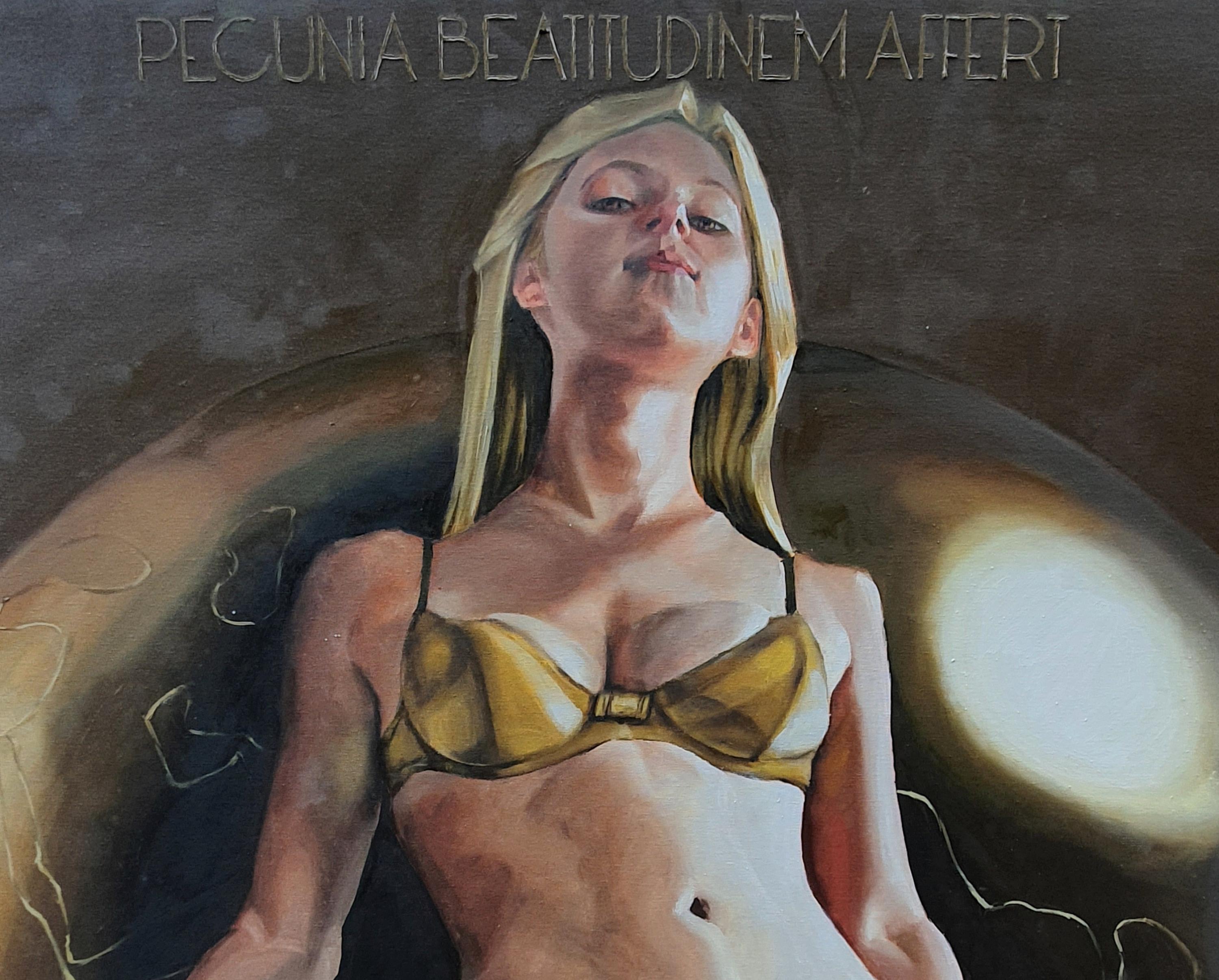 Forever Worship - Contemporary, Blonde Woman, Brown, Yellow, Female  - Painting by Mihai Florea