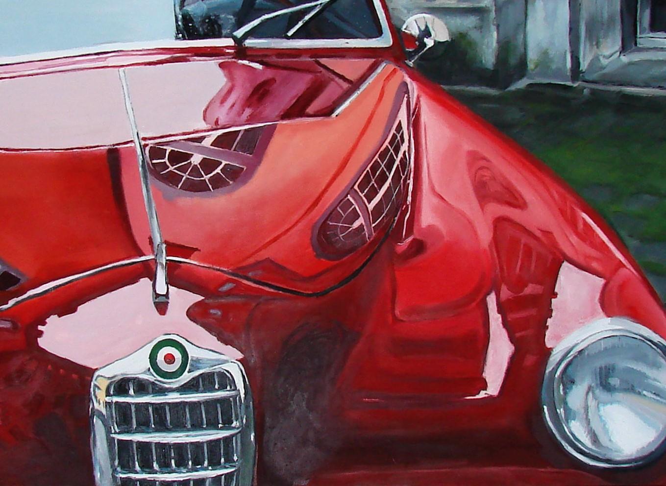 Fresh. Milan. 1965 - Contemporary, Red, Classic Car, Alfa Romeo Oldtimer - Painting by Mihai Florea