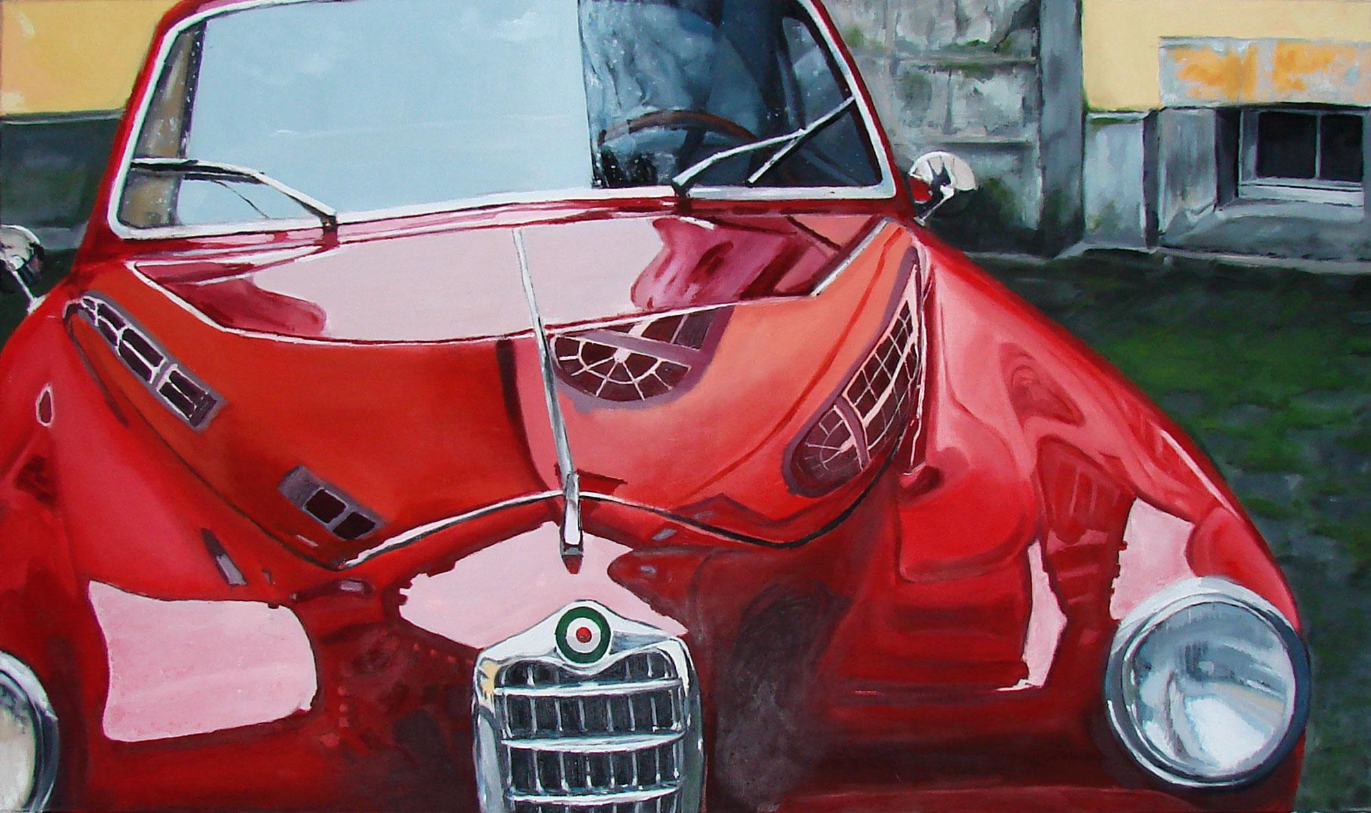 Mihai Florea Figurative Painting - Fresh. Milan. 1965 - Contemporary, Red, Classic Car, Alfa Romeo Oldtimer