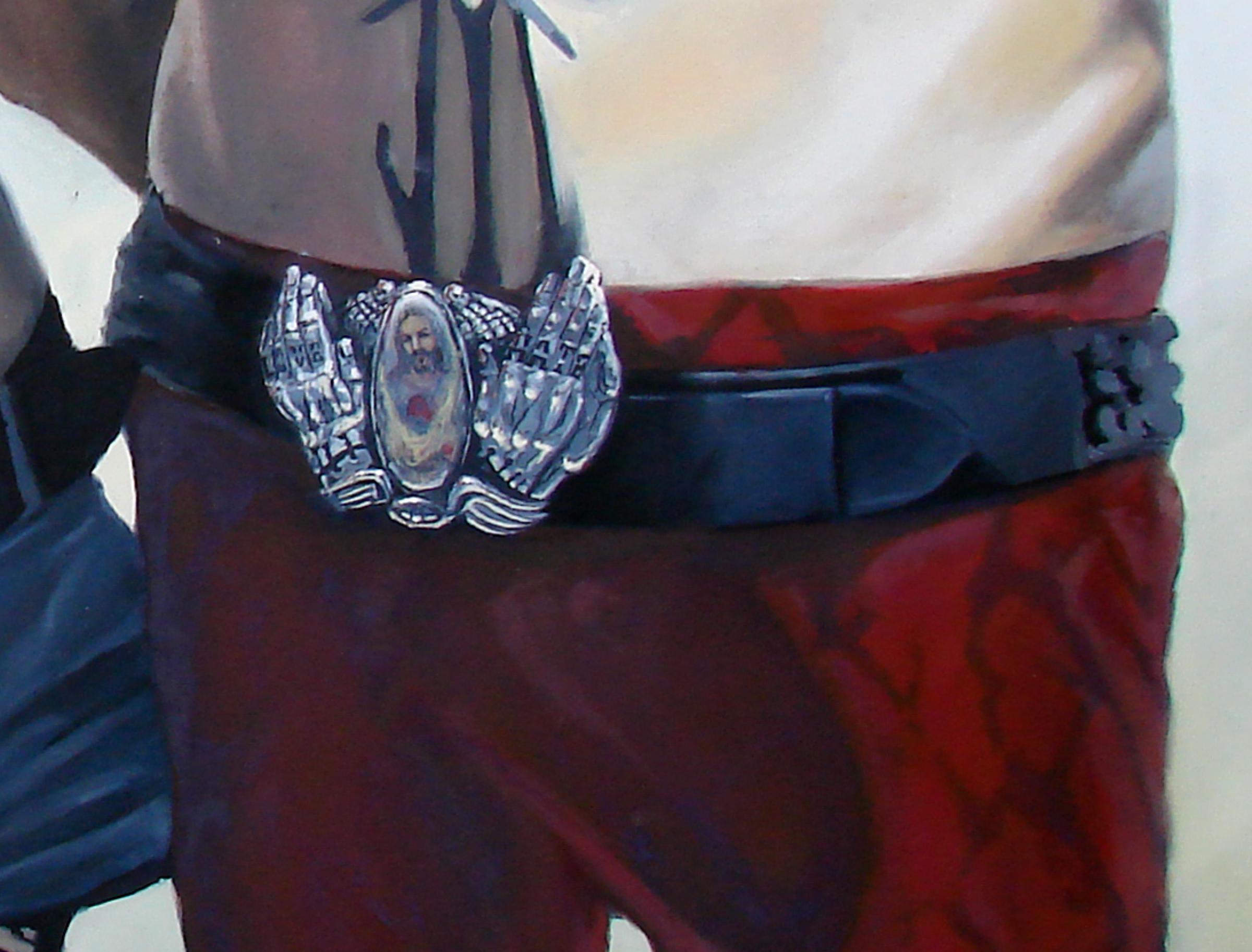 Hate Love - Contemporain, Peinture Figurative, Rouge, Couple, Ceinture, Figure humaine - Painting de Mihai Florea