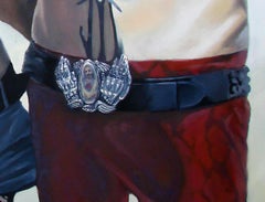 Hate Love - Contemporary, Figurative Painting, Red, Couple, Belt, Human Figure