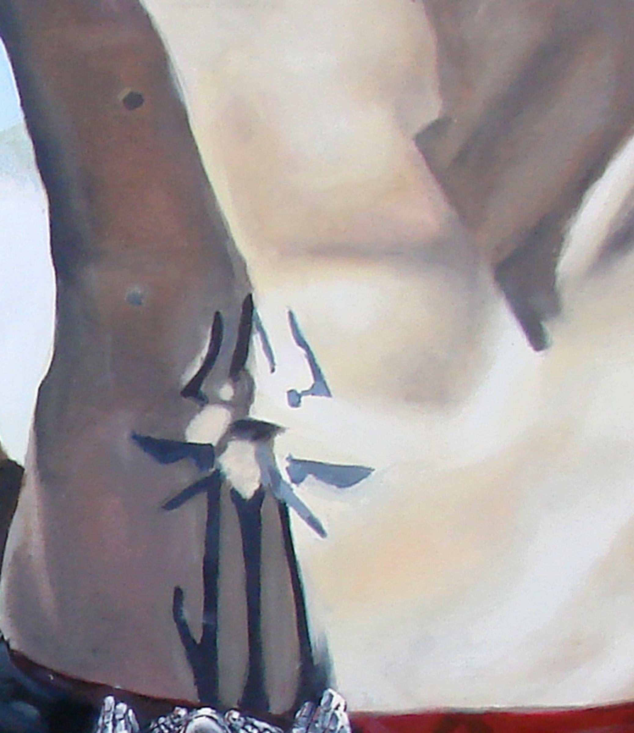 Hate Love - Contemporain, Peinture Figurative, Rouge, Couple, Ceinture, Figure humaine - Noir Figurative Painting par Mihai Florea